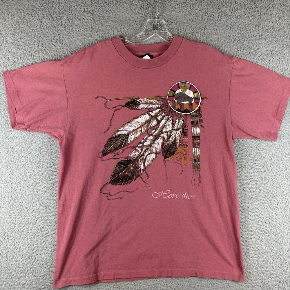 Vintage Diamond Dust T Shirt Mens Large Pink Native American Horseshoe